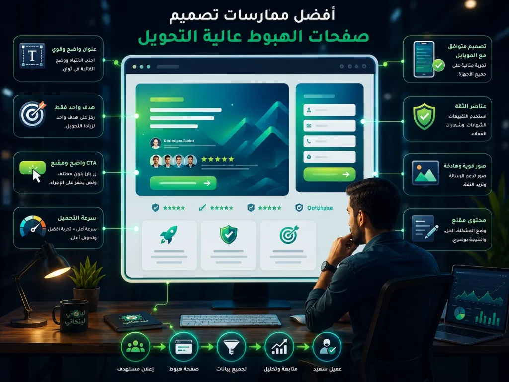 A design that demonstrates best practices for high-converting landing pages with CTA, user experience, and trust elements.