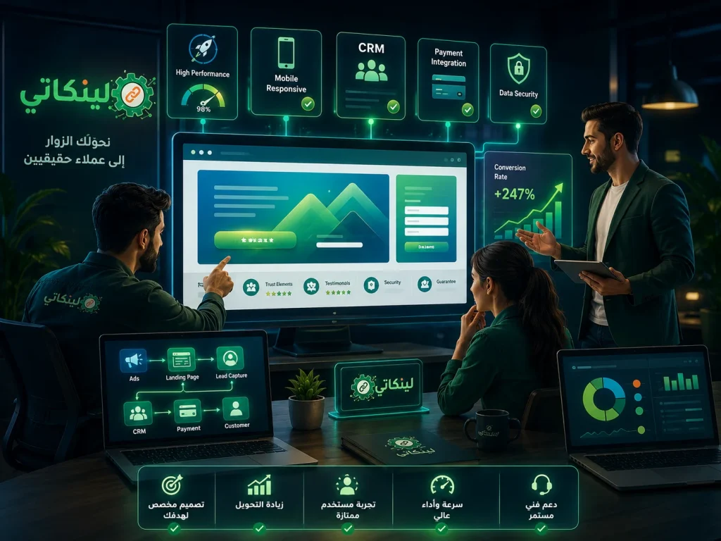 فريق لينكاتي يعمل على تحسين صفحات هبوط عالية التحويل مع ربط CRM ووسائل الدفع وتحليل الأداء