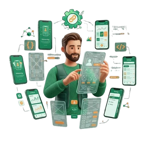 Mobile app developer designing Android and iOS applications with interactive UI and UX screens at Lenkaate